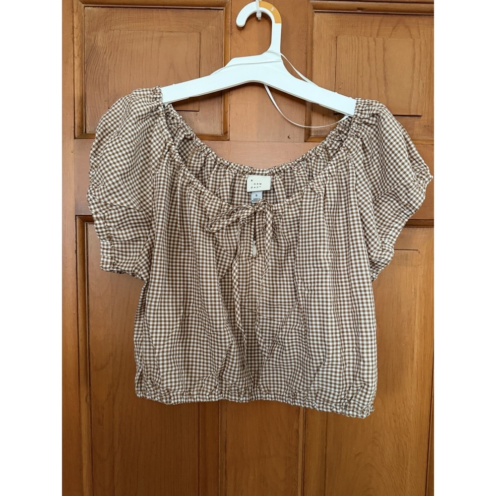 Women's A New Day Brown & White Gingham Blouse Puff Sleeves Size Small NWT